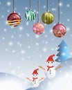 Greeting card of hanging christmast ball and pine with snowman Royalty Free Stock Photo