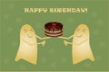 Greeting card Happy birthday, banner. Two cute yellow smiling ghosts holding a chocolate cake with cherries