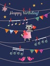 Greeting Card Happy Birthday With Cute Cartoon Raccoon With Heart, Garland, Musical Notes, Birds, Maple Leaves.