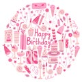 Greeting card with Happy Birthday lettering, cakes, drinks, party hats, gift boxes. Royalty Free Stock Photo
