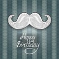 Greeting card Happy Birthday. Postcard with a Zen Tangle mustache. Blue background with stripes and triangles.