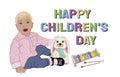 Greeting card Happy Children`s Day. a happy blond child in a pink shirt with white hearts plays with a plush rabbit and a xylophon