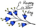 Greeting card for Happy Easter with beautiful blue flowers. Vector hand-drawn illustration and isolated on a white background Royalty Free Stock Photo