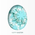 Greeting card with Happy Easter - with blue flower Easter Egg on white background.