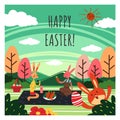 A greeting card of Happy Easter with a group of bunnies celebrate Easter Day together at the forest in sunny day with Happy Easter