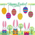 Greeting card happy Easter with happy bunnies and colorful eggs