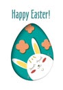 Greeting card with Happy Easter - rabbit and egg. Funny Bunny spring holiday cartoon. Vector cut out paper symbol in