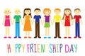 Greeting card with a happy friendship day. Greeting card cute kids, cartoon holding hands. Vector illustration Royalty Free Stock Photo