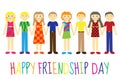 Greeting card with a happy friendship day. Greeting card cute kids, cartoon holding hands. Vector illustration Royalty Free Stock Photo