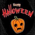 Greeting card with Happy Halloween lettering, pumpkin and cobweb, template on black background. Vector illustration Royalty Free Stock Photo