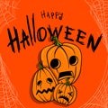 Greeting card with Happy Halloween lettering, pumpkin and cobweb, template on orange background. Vector illustration Royalty Free Stock Photo
