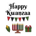 Greeting card Happy Kwanzaa in Modern flat style with Kinara candle holder, corn, gift box - traditional Kwanza symbols Royalty Free Stock Photo