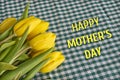 Greeting card Happy Mother`s Day. With the inscription Happy Mother`s Day. Bright yellow tulips