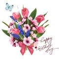 Greeting card happy Mothers day with a bouquet of pink