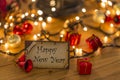 Greeting card for happy new year with christmas decors, lights