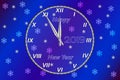 Greeting card Happy New Year. It contains a watch with a congratulation on the background of a New Year`s Eve with snowflakes. Royalty Free Stock Photo