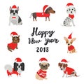 Greeting card for 2018. Happy new year. Dogs in costumes Santa Claus