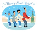 Greeting card Happy New Year. Family dad, mom, son and daughter are skating Royalty Free Stock Photo