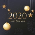 Greeting Card 2020 Happy New Year. Illustration with gold Christmas balls, stars and place for text. Flyer, poster, invitation or Royalty Free Stock Photo