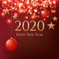 Greeting Card 2020 Happy New Year. Illustration with gold Christmas balls, stars and place for text. Flyer, poster, invitation or Royalty Free Stock Photo