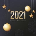 2021 Happy New Year. Gold Christmas balls, stars and place for text. Poster, invitation or banner Royalty Free Stock Photo
