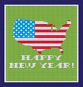 Greeting card with happy new year. Knitting design. Map of America in colors of national flag. Patriotic congratulation