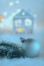 Greeting card Happy New Year and Merry Christmas. Blurred blue background of winter decoration for the holiday. Soft focus Royalty Free Stock Photo