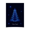 Greeting card with happy New year, with modern symmetrical Christmas tree with blue-light gradient, against dark sky Royalty Free Stock Photo