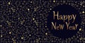 Greeting card for happy New Year. Nice hand drawn decoration in gold tone. Dark blue base.