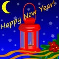 Greeting card happy new year. Red Christmas lantern with burnin