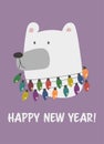 Greeting card. Happy New Year white polar bear head. Vector illustration of cute cartoon bear with christmas lights for Royalty Free Stock Photo