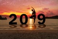 Greeting card 2019 happy new years. Silhouette healthy young woman practicing yoga on tropical beach with sky sunset. People Royalty Free Stock Photo