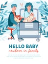 Greeting card with.happy parents with newborn baby cartoon vector illustration. Royalty Free Stock Photo
