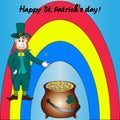 Greeting card for Happy Saint Patrick Day. Leprechaun in a hat tosses a coin with an emblem in the form of clover. Vector. Royalty Free Stock Photo