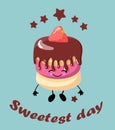 Greeting card. Happy sweets cupcake or cake with chocolate icing, eyes and smile