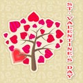 Greeting card Happy Valentine`s day tree with leaves of hearts Royalty Free Stock Photo