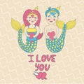 Greeting card happy Valentines day, a cute pair of mermaids vector illustration