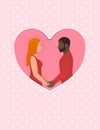 Greeting card for Happy Valentines day, February 14th. Bearded afro american man with beautiful redhead woman, happy Royalty Free Stock Photo