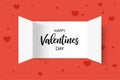 Greeting Card. Happy Valentines Day lettering. Advent Calendar Doors opening with heart. Vector illustration