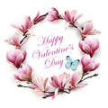 Greeting card happy Valentines day with a wreath of delicate flowers pink Magnolia with blue butterfly. Template for