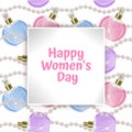 Greeting card Happy Women`s Day, card with Seamless, endless background with Print of perfume bottles and pearls. Background for Royalty Free Stock Photo