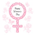 Greeting card Happy Women`s Day. Silhouette of a female symbol of Venus, roses, butterflies from elements of ornament