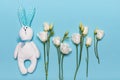 Greeting card with hare rabbit and fresh lisianthus flowers, birthday, March 8, women day, Valentine day, February 14