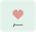 Greeting card with heart and embroidered lettering. Valentine`s Day. Vector illustration.