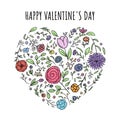 Greeting Card with Heart Shaped Flower and Leaf Ornament and Text Happy Valentine's Day