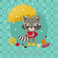 Greeting card Hello autumn with raccoon