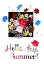 Greeting card `Hello, summer!` with bouquet of gardening flowers