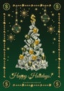 Greeting card holiday design with cash money, jewelry gold chains.