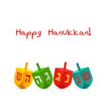 Greeting card for the holiday Hannuk. 4 colorful dreidels with the words great miracle was there. flat vector