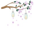 Greeting card for the holiday of spring, March 8, Chinese New Year, sakura with lanterns